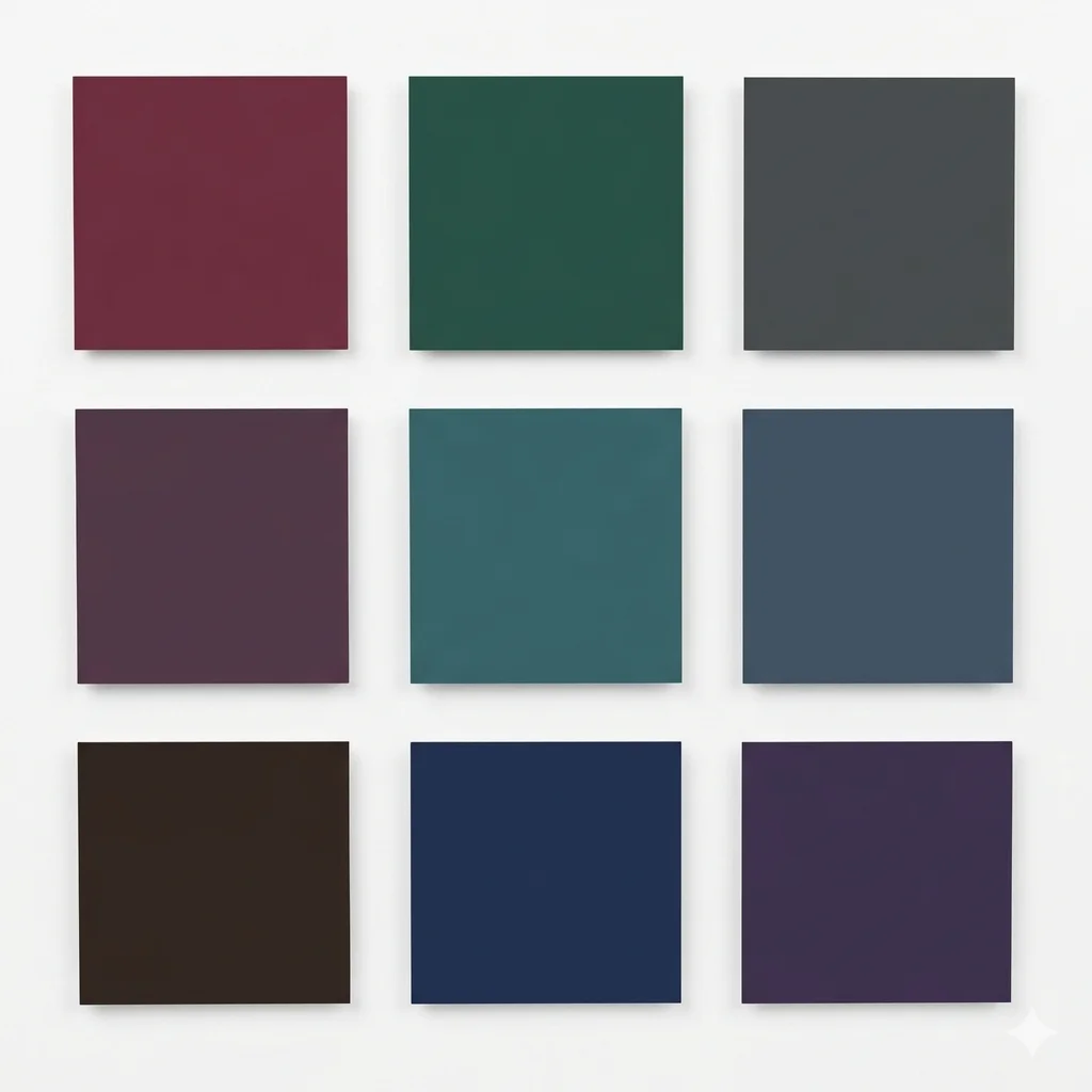 Dark Summer color palette swatches for seasonal color analysis, featuring deep cool burgundy and charcoal.