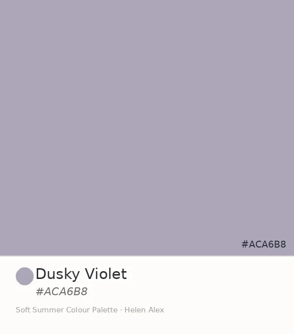 Soft Summer palette swatch — Dusky Violet, a muted cool purple-grey tone, hex #ACA6B8