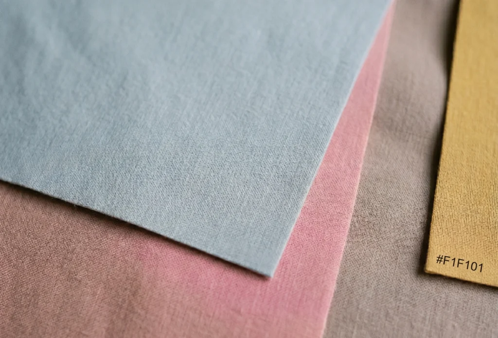 Soft Summer cool grey-blue palette swatch held against cool-toned fair skin during 16-season colour analysis drapting — demonstrating undertone harmony
