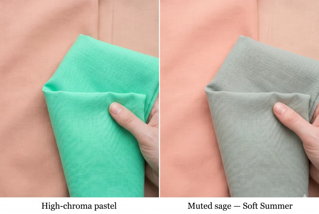 Side-by-side comparison showing how a high-chroma mint pastel washes out Soft Summer colouring compared to the lifting effect of a correctly calibrated muted grey-sage from the Soft Summer colour palette
