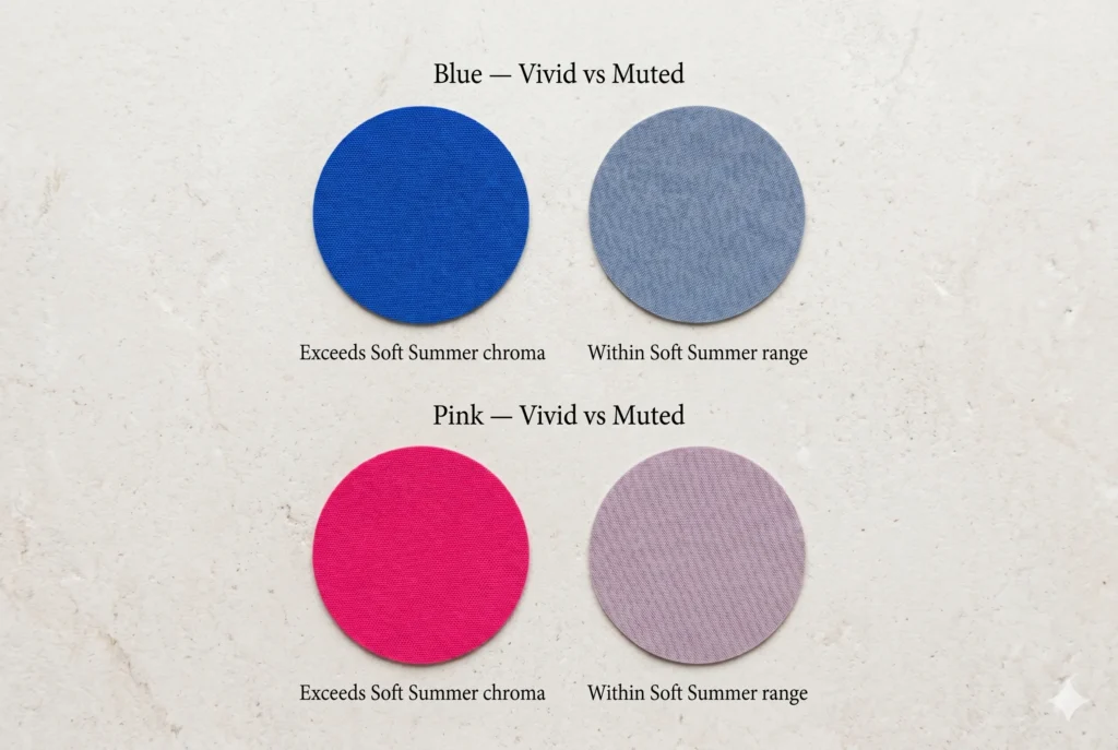 Four circular fabric swatches comparing vivid blue and vivid fuchsia (colours to avoid as Soft Summer) versus muted slate blue and dusty mauve (correct Soft Summer palette alternatives) — demonstrating the chroma difference that defines soft summer wrong colors"