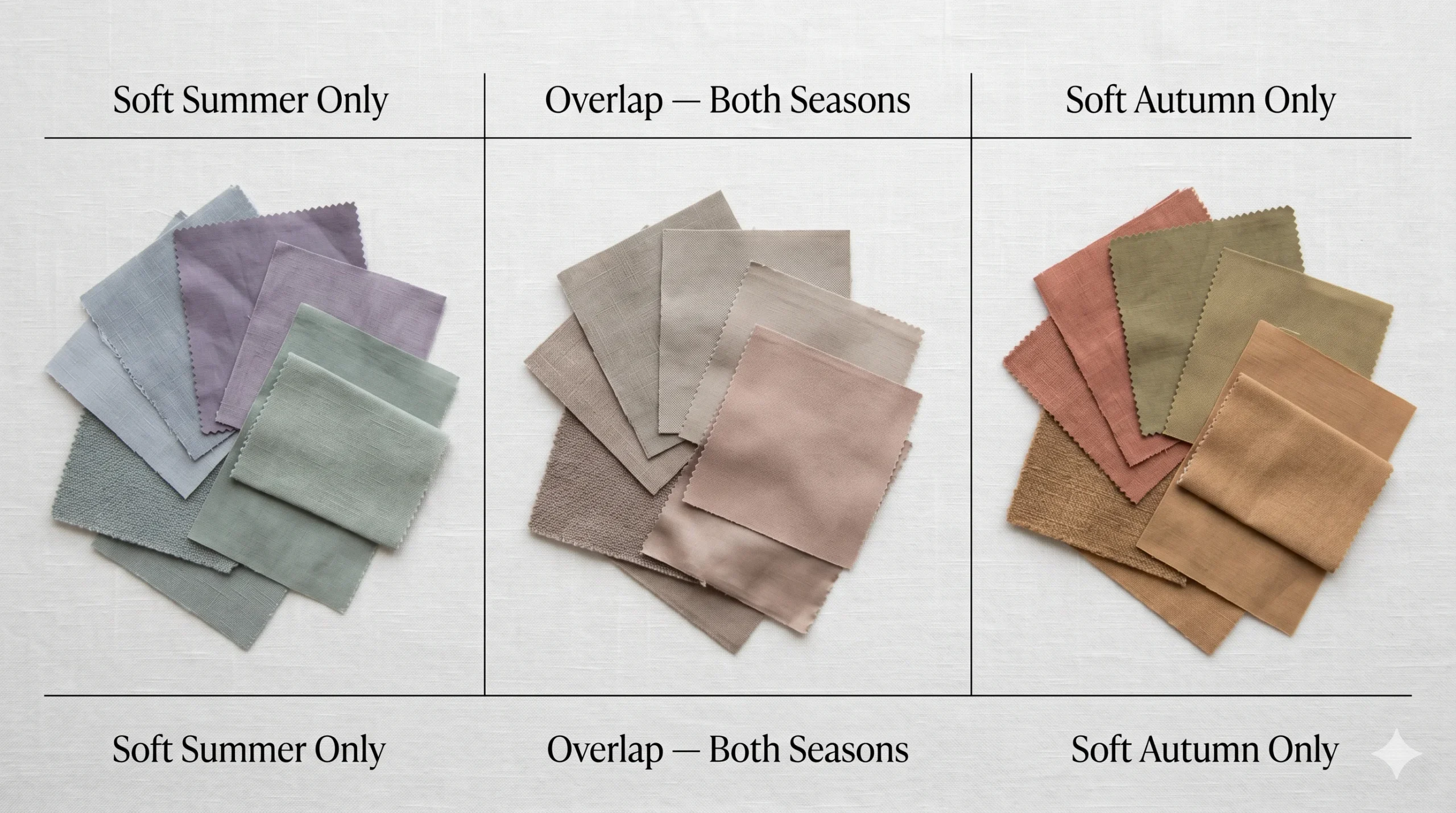 Editorial flat-lay on pale linen. Three groupings of fabric swatches. Left grouping (Soft Summer only): misty blue-grey, smoky lavender, muted sage — clearly cool tones. Label: "Soft Summer Only." Centre grouping (Shared Neutral Zone): three deeply neutral, barely-warm muted taupes — greige, warm grey-beige, dusty nude-rose — all sitting at the thermal midpoint. Label: "Overlap — Both Seasons." Right grouping (Soft Autumn only): dusty terracotta, muted olive, warm camel — clearly warm earthy tones. Label: "Soft Autumn Only." The centre group visually bridges the two outer groups. Thin ruled lines separating the three sections. Diffused light. 16:9 wide landscape.
