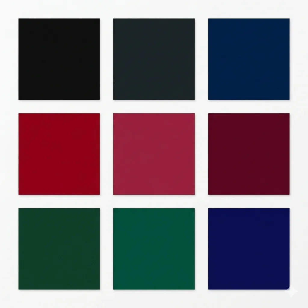 Dark Winter (Deep Winter) color palette swatches for seasonal color analysis, featuring heavy black and true red.
