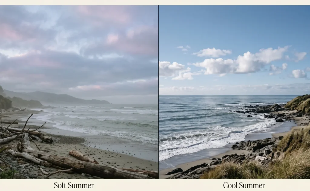 Two coastal morning scenes side by side — left showing the hazy, muted, grey-toned quality of Soft Summer colouring; right showing the crisp, clear, cool blue clarity of Cool Summer colouring — illustrating the key difference in colour analysis