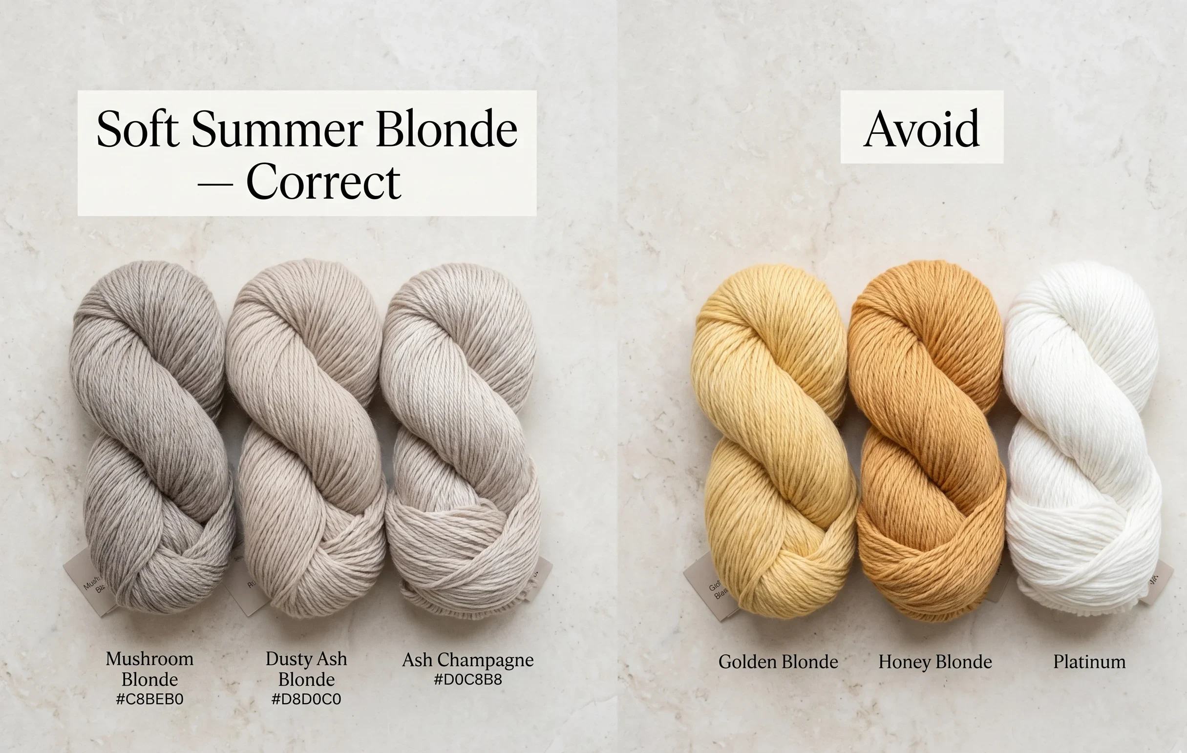 Yarn hank comparison showing correct Soft Summer blonde shades (mushroom blonde, dusty ash, ash champagne — all muted and cool) versus blonde shades to avoid (golden blonde, honey, platinum) — illustrating soft summer blonde hair color guide