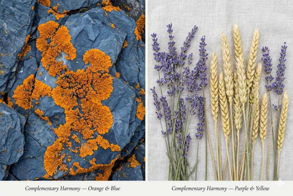 Natural complementary colour harmonies — orange lichen on blue-grey slate and purple lavender beside yellow wheat — showing how colour wheel opposites create harmonious contrast in nature"