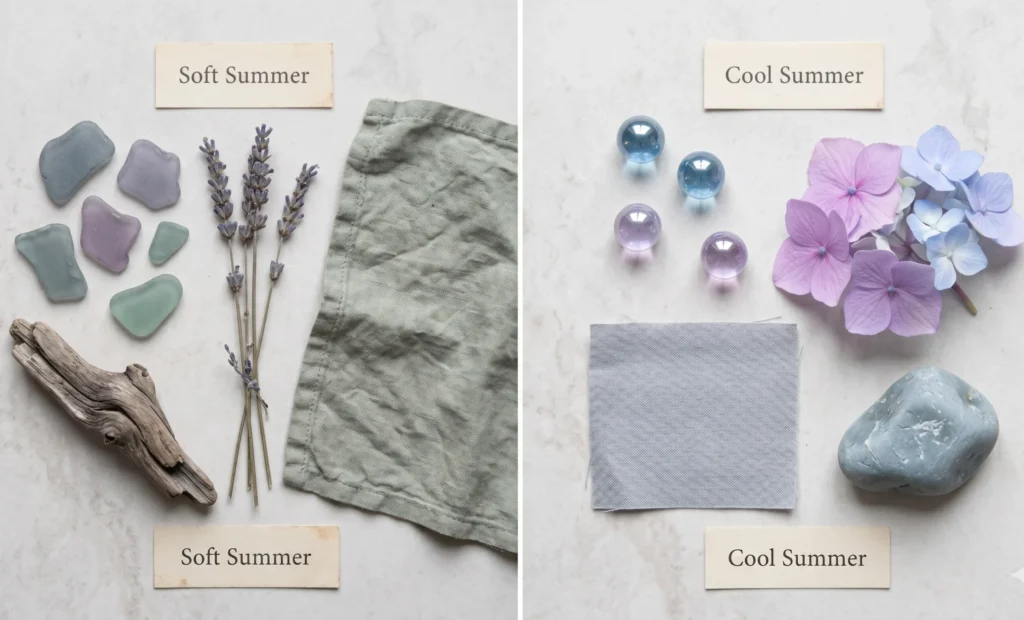 Nature objects comparison showing Soft Summer (sea glass, dried lavender, driftwood) versus Cool Summer (clear glass marbles, fresh hydrangea, cool river stone) — illustrating the difference in colour clarity between the two summer sub-seasons