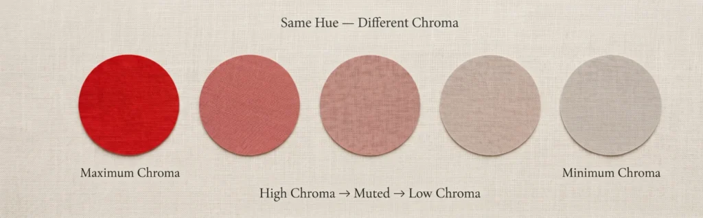 Five fabric swatches showing the same red-rose hue at decreasing chroma levels from vivid saturated red to near-neutral pink-greige — illustrating the chroma saturation scale in colour theory