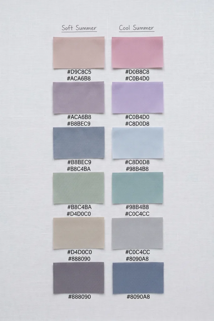 Six paired fabric swatch rows comparing Soft Summer colours (left, dusty and greyed) with Cool Summer colours (right, clearer and more blue-based) — showing the difference in saturation and colour clarity between the two summer seasons"
