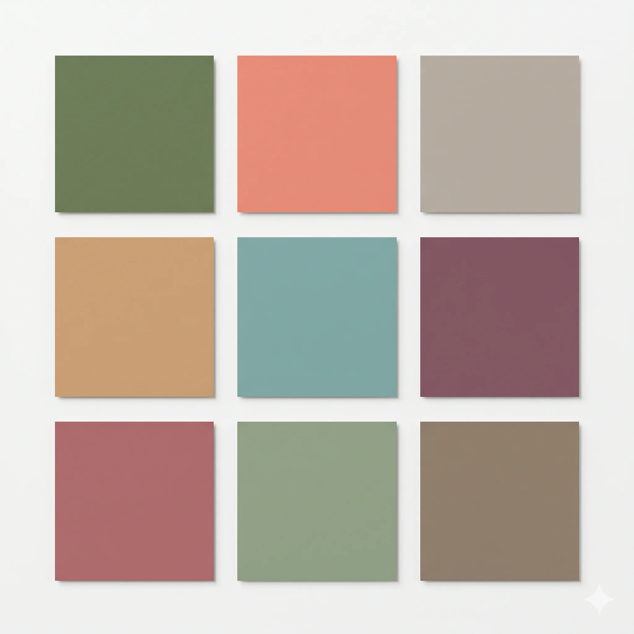 Soft Autumn color palette swatches for seasonal color analysis, featuring deeply muted moss green and salmon.