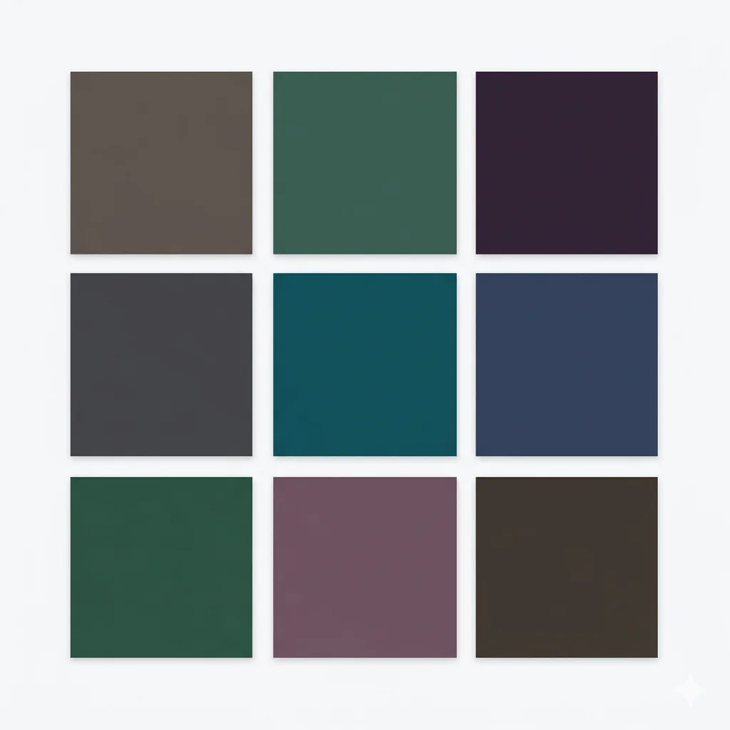 Soft Winter color palette swatches for seasonal color analysis, featuring deep spruce and greyed-neutral taupe.