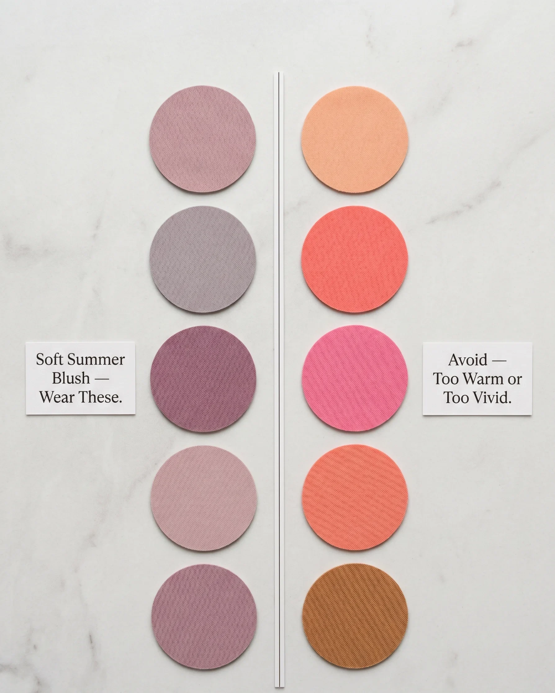 Two columns of circular fabric swatches showing correct Soft Summer blush colors (cool muted mauve-pink and dusty rose, left) versus blush shades to avoid (warm peach, coral, vivid pink, right) — soft summer makeup colour guide