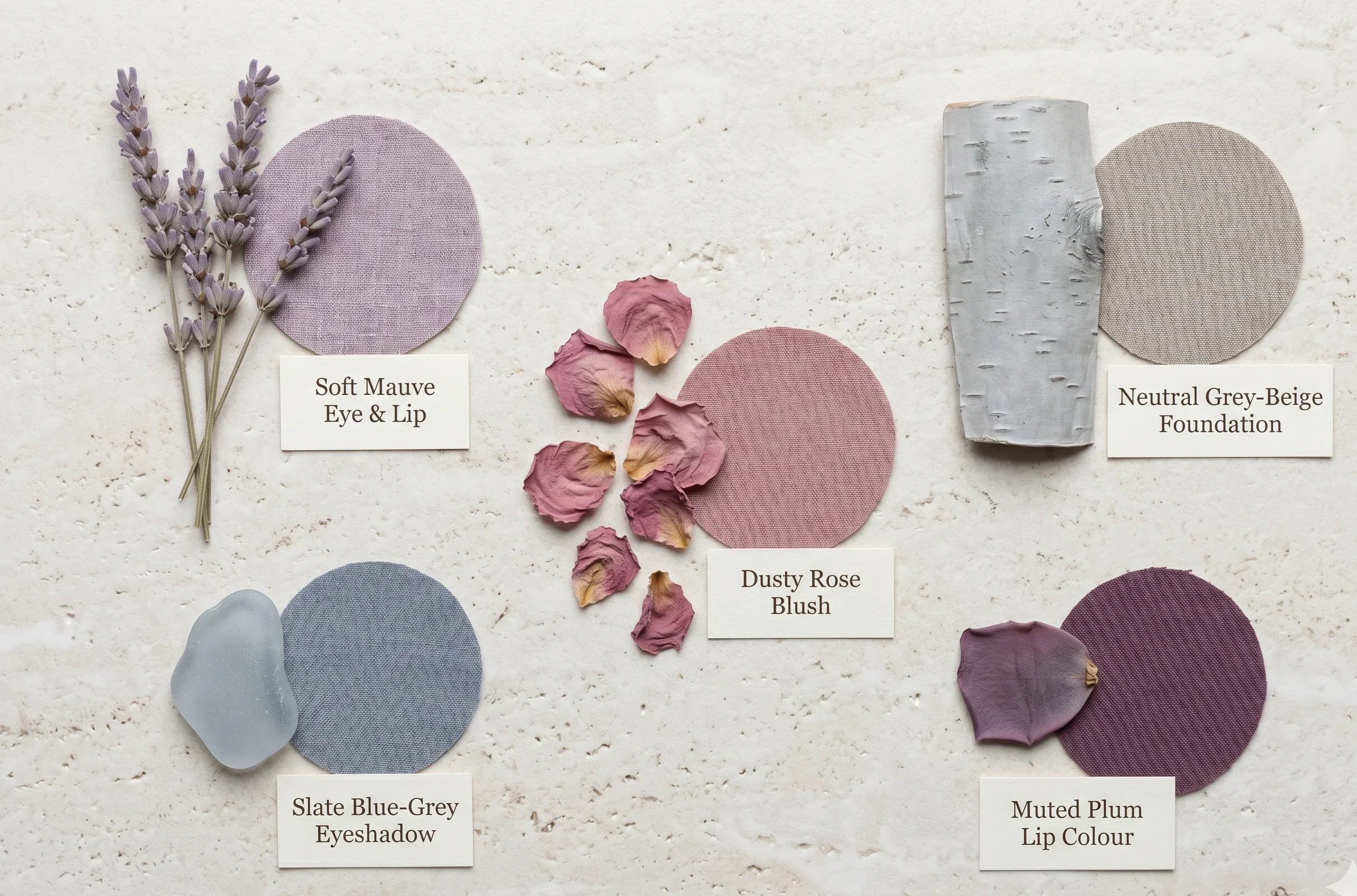 Natural objects arranged alongside matching Soft Summer makeup palette swatches — dried lavender for mauve blush, sea glass for slate eyeshadow, dusty rose petals for blush, birch bark for neutral foundation — showing the soft summer makeup color palette through nature