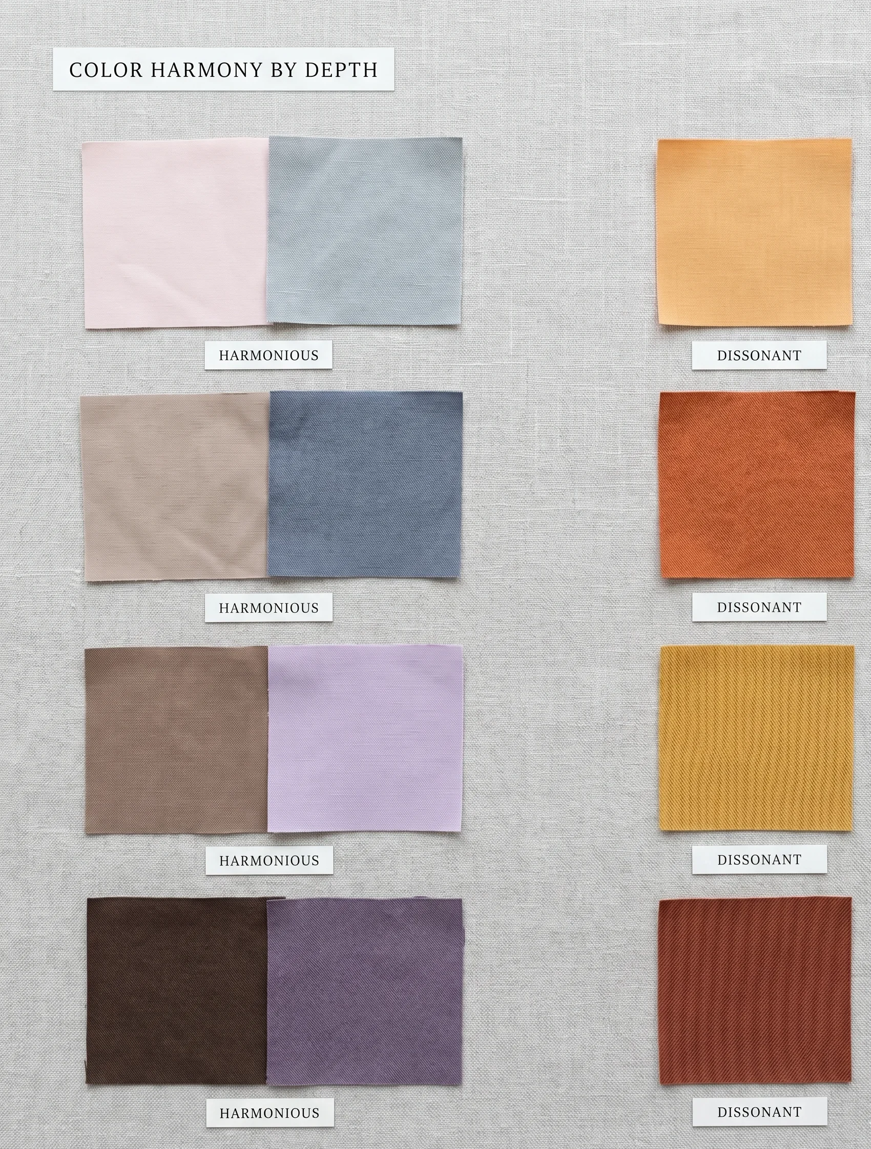 Soft Summer colour palette harmony demonstrated across four skin depth ranges through fabric pairing — showing cool-toned Soft Summer colours harmonising with cool undertones at every depth from fair to deep"