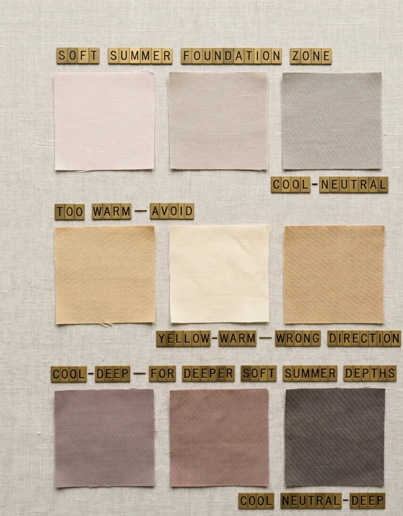 Three rows of fabric swatches demonstrating Soft Summer foundation undertones — cool-neutral pink-beige tones (correct), warm yellow-golden tones (avoid), and cool deeper tones for deeper Soft Summer skin — for seasonal makeup colour analysis"