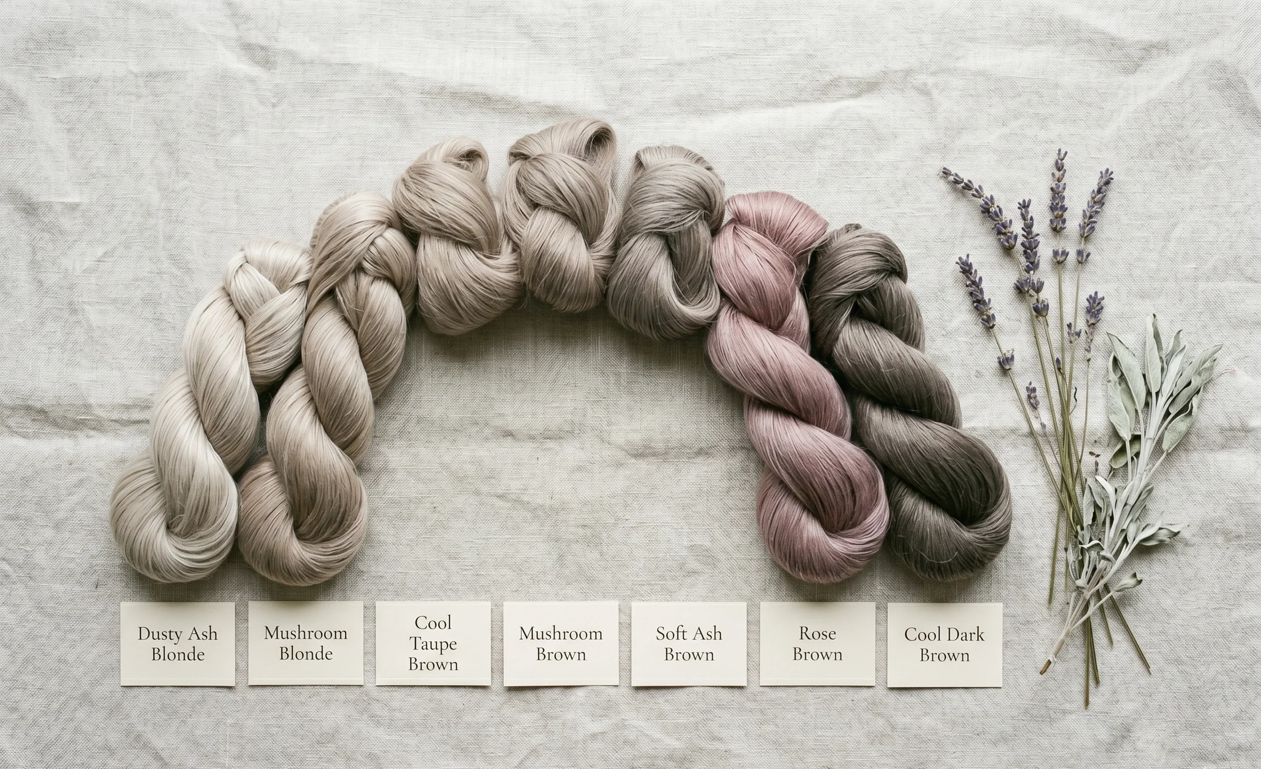 Seven yarn hanks showing the complete Soft Summer hair color range from dusty ash blonde to cool dark brown — all cool-toned and muted — with dried lavender and sage botanicals, illustrating soft summer hair color palette without human subjects