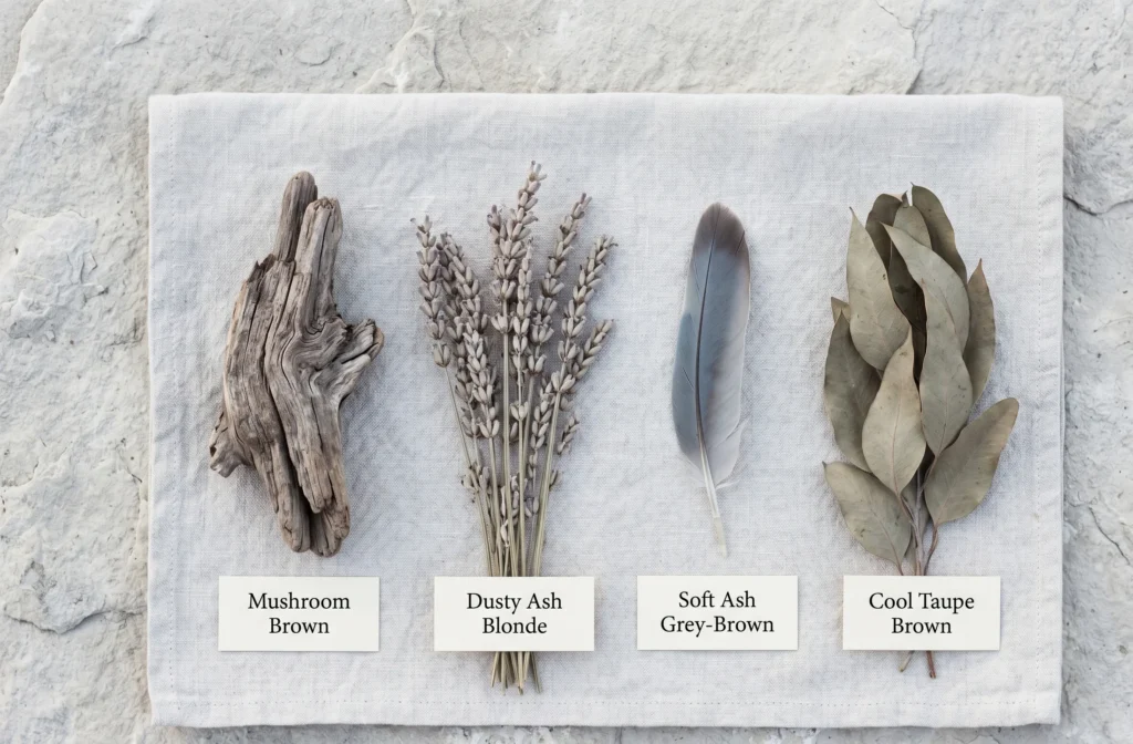 Four natural objects illustrating Soft Summer hair color tones — driftwood for mushroom brown, dried lavender for dusty ash blonde, dove feather for ash grey-brown, and eucalyptus for cool taupe — showing soft summer hair colours through nature without human subjects