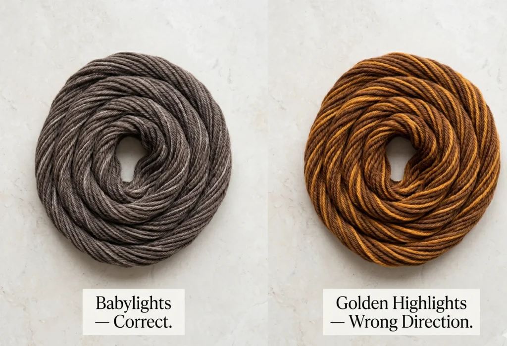 "Two textured wool braids showing Soft Summer highlights done correctly (fine ash-champagne babylights with low contrast, left) versus golden highlights to avoid (warm honey, high contrast, right) — illustrating soft summer highlights guide without human subjects