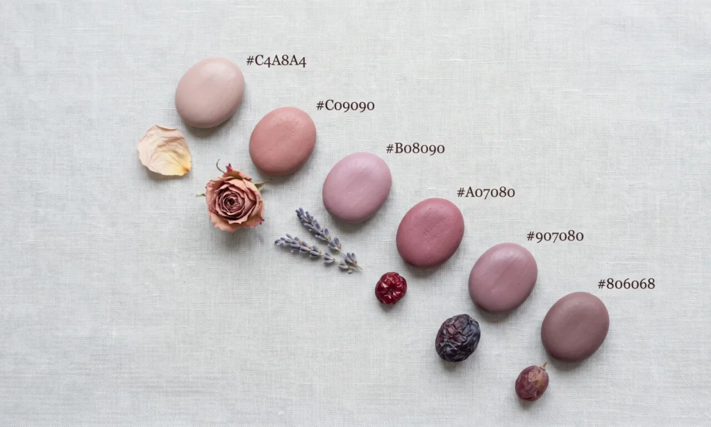 Soft Summer lipstick colour range shown through six graduated stones from cool nude-pink to muted wine, each paired with a matching dried botanical — dried petal, rose, lavender, cranberry, plum, grape — illustrating the complete soft summer lip color palette