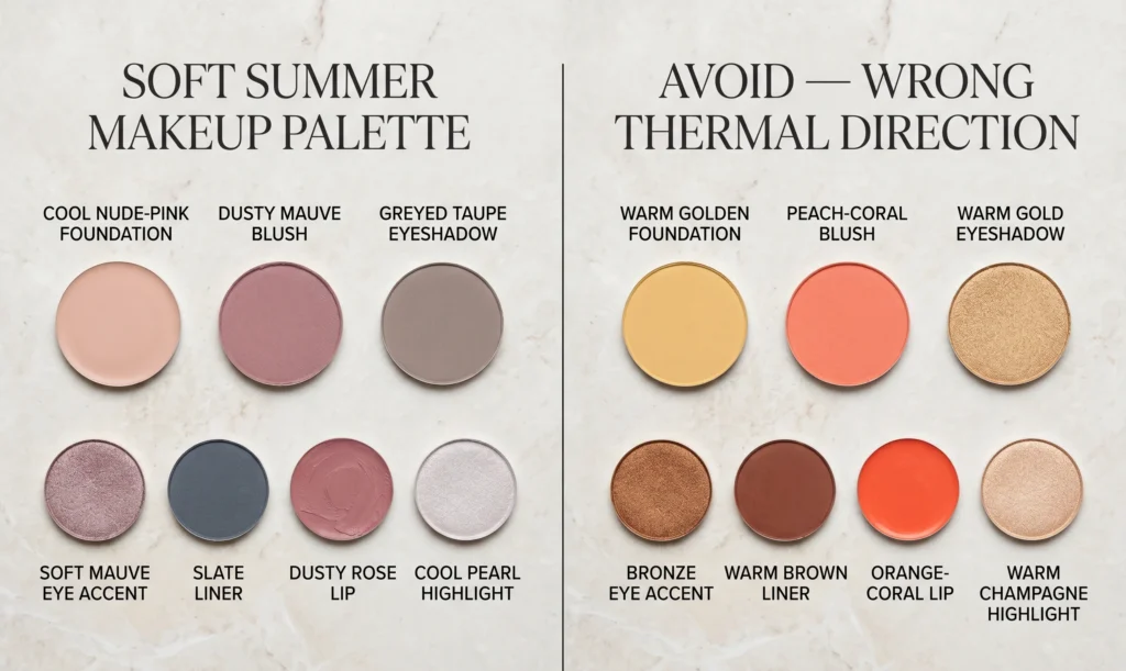 Split makeup palette comparison showing correct Soft Summer palette (cool nude foundation, dusty mauve blush, greyed taupe eyeshadow, dusty rose lip, cool pearl highlight) versus incorrect warm palette (golden foundation, peach blush, gold eyeshadow, coral lip) — soft summer makeup color guide