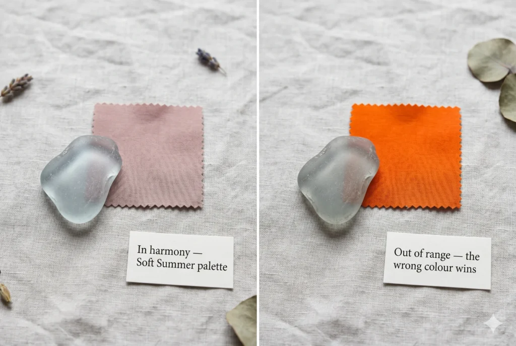 Split flat-lay showing Soft Summer sea glass harmonising with muted dusty rose (correct palette, left) versus the same sea glass looking washed-out beside vivid orange (wrong colour, right) — illustrating how incorrect colours overpower Soft Summer colouring"