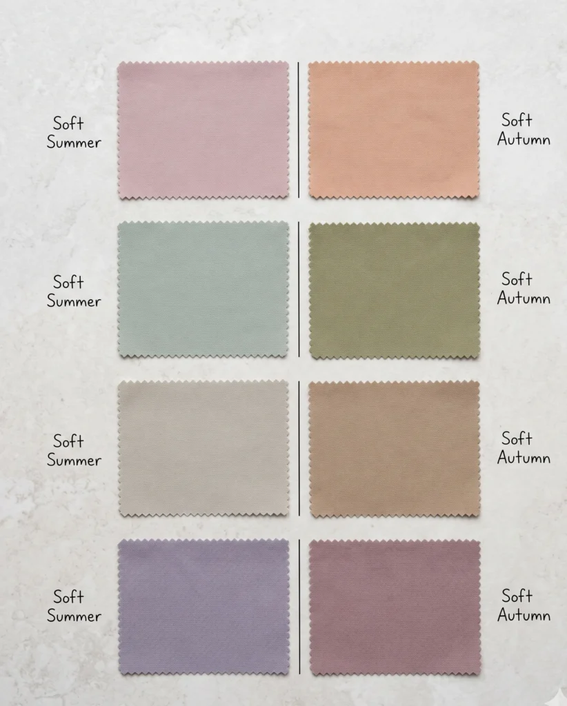 Four diagnostic colour pair comparisons for Soft Summer versus Soft Autumn — showing cool dusty rose vs warm dusty peach, muted sage vs muted olive, cool greige vs warm taupe, and smoky lavender vs warm dusty mauve