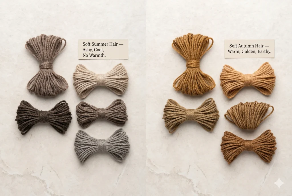 rn thread bundles comparing Soft Summer hair tones (cool ash blonde and brown, no warmth) versus Soft Autumn hair tones (warm golden brown, caramel, amber) — illustrating seasonal hair colour analysis differences without human subjects"