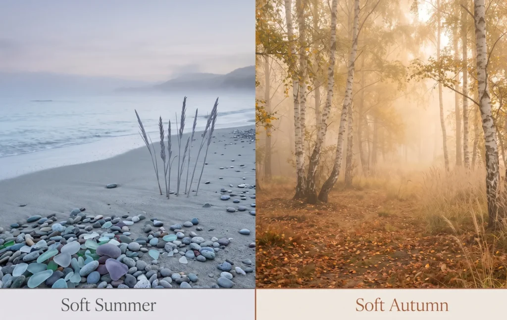 Split landscape comparing Soft Summer (cool misty coastal dawn with grey-lavender sea glass) versus Soft Autumn (warm October woodland morning with golden mist and terracotta leaves) — illustrating the thermal undertone difference between the two muted colour seasons
