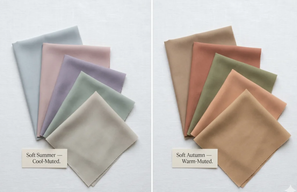 Side-by-side fabric swatch comparison of Soft Summer (cool-muted: blue-grey, dusty rose, sage, greige) versus Soft Autumn (warm-muted: warm taupe, terracotta, olive, camel) — showing equal mutedness in opposite thermal directions
