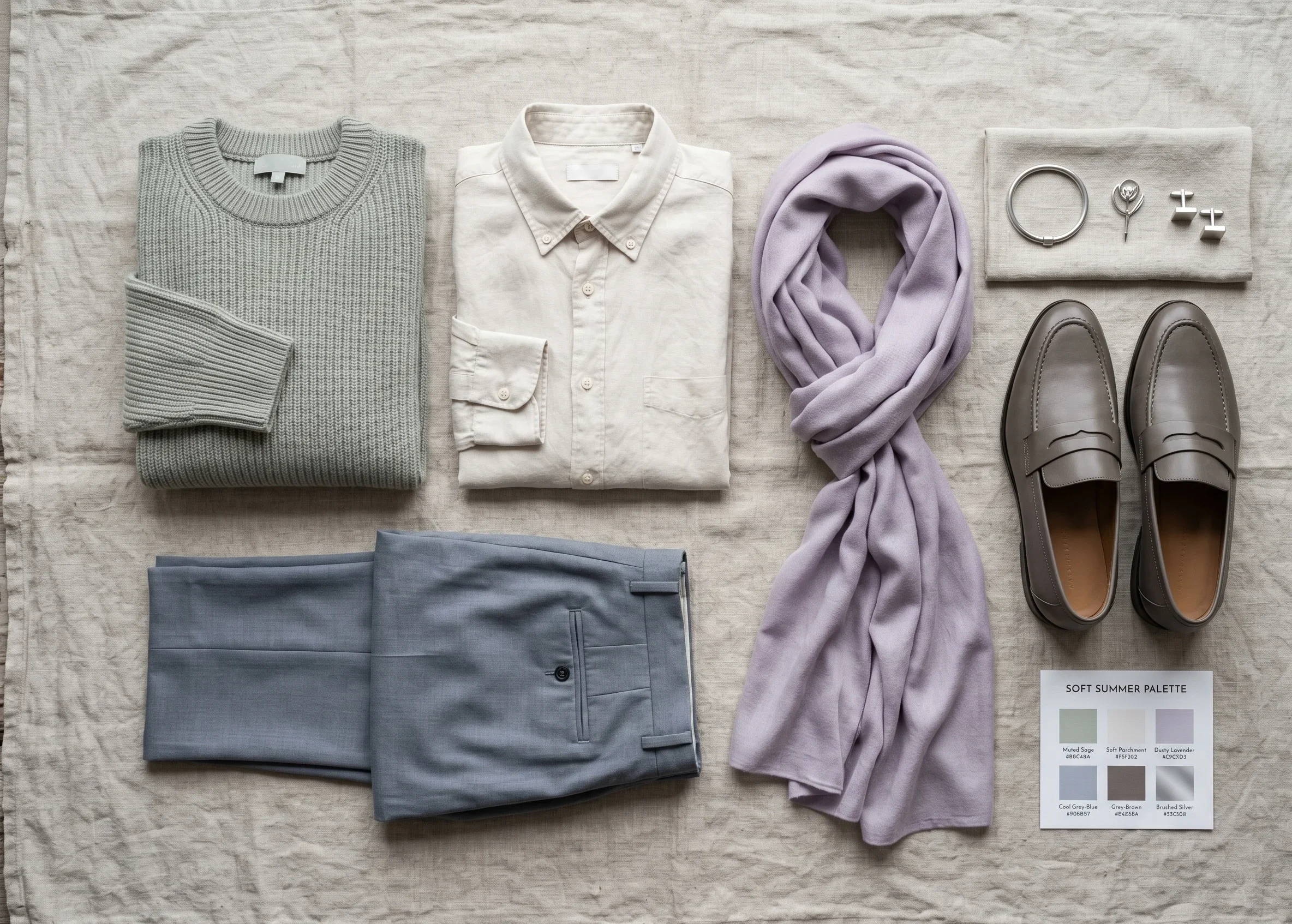 Soft Summer wardrobe flat-lay showing muted sage, parchment, dusty lavender, and grey-blue palette pieces with brushed silver accessories — practical Soft Summer colour season styling