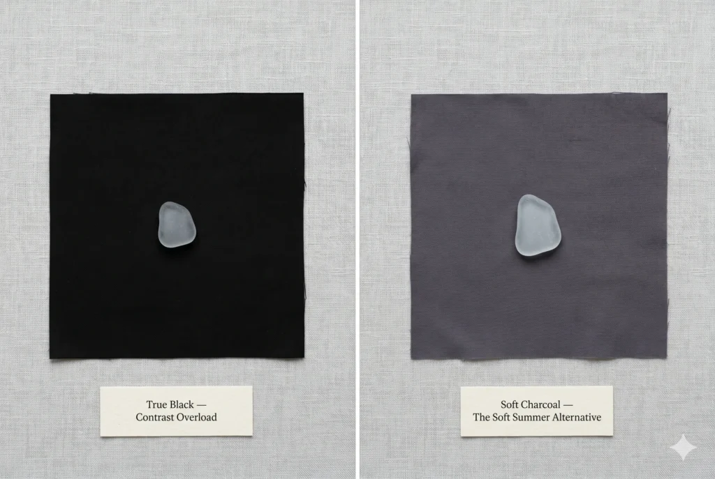 Two fabric swatches demonstrating the contrast difference for Soft Summer — sea glass looking flat against true black (left) versus luminous against soft charcoal (right) — showing why soft summer colours to avoid include black"
