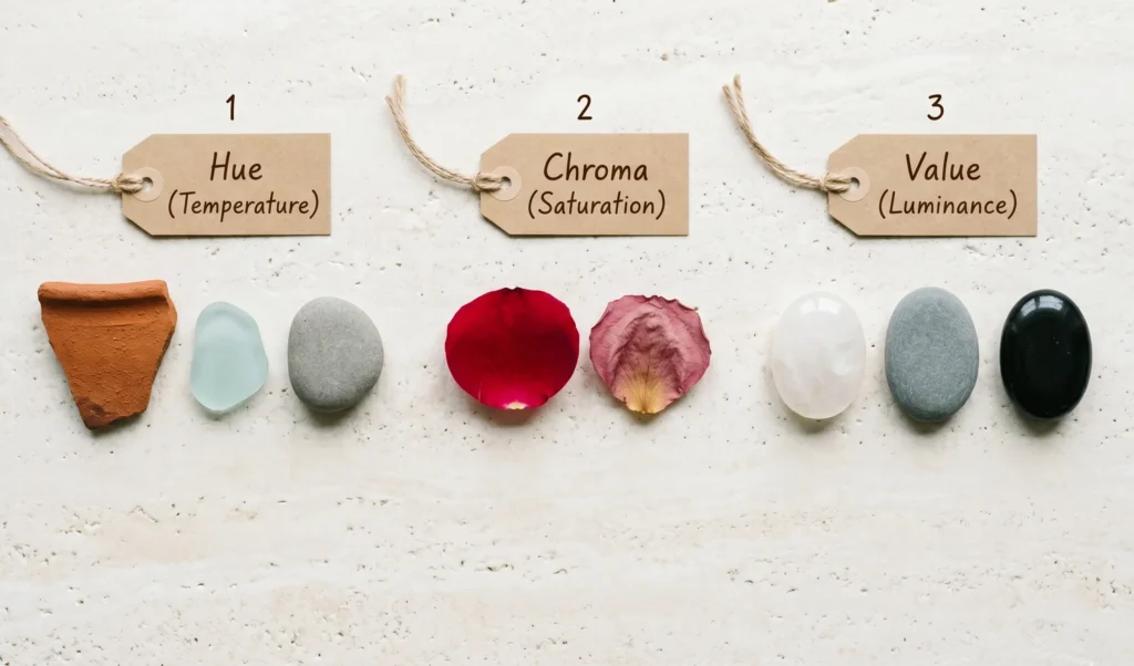 Natural objects arranged in three groups illustrating the three building blocks of colour — hue (warm terracotta, cool sea glass, neutral grey stone), chroma (vivid and faded rose petals), and value (white quartz to black obsidian) — for colour theory education