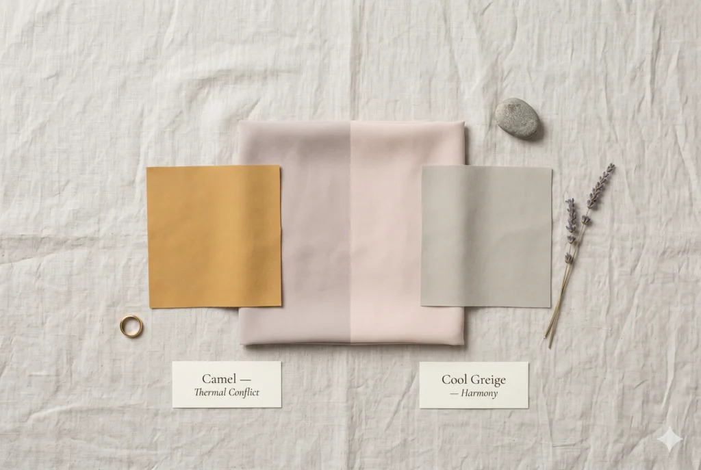 "Flat-lay demonstration of thermal conflict showing warm camel fabric (left) creating dissonance against a cool-neutral Soft Summer skin-tone fabric, versus cool greige (right) creating immediate harmony — illustrating soft summer warm colors to avoid"