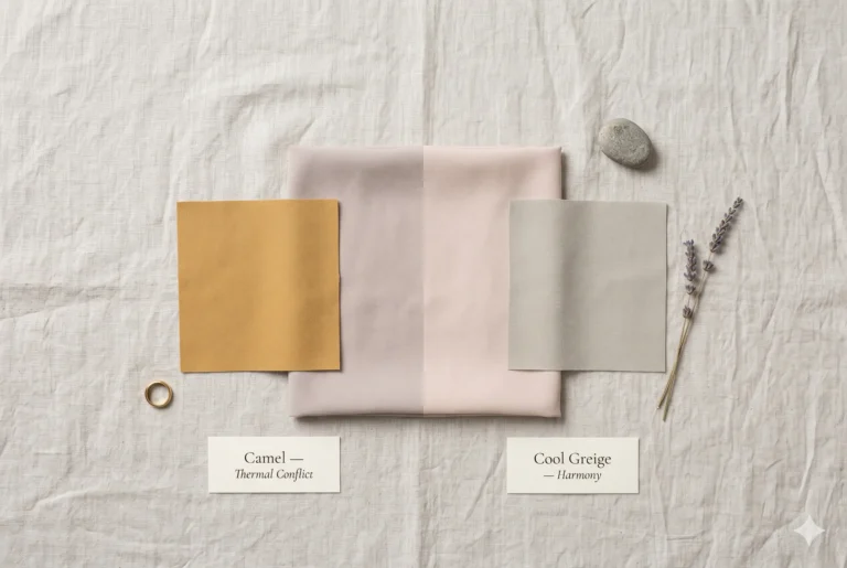 "Flat-lay demonstration of thermal conflict showing warm camel fabric (left) creating dissonance against a cool-neutral Soft Summer skin-tone fabric, versus cool greige (right) creating immediate harmony — illustrating soft summer warm colors to avoid"