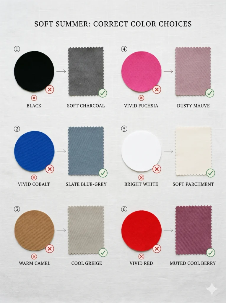 Six fabric swatch pairs showing wrong Soft Summer colours (black, vivid blue, camel, fuchsia, bright white, vivid red) paired with their correct Soft Summer alternatives (soft charcoal, slate blue-grey, cool greige, dusty mauve, soft parchment, muted berry) — the complete soft summer colors to avoid substitution guide"