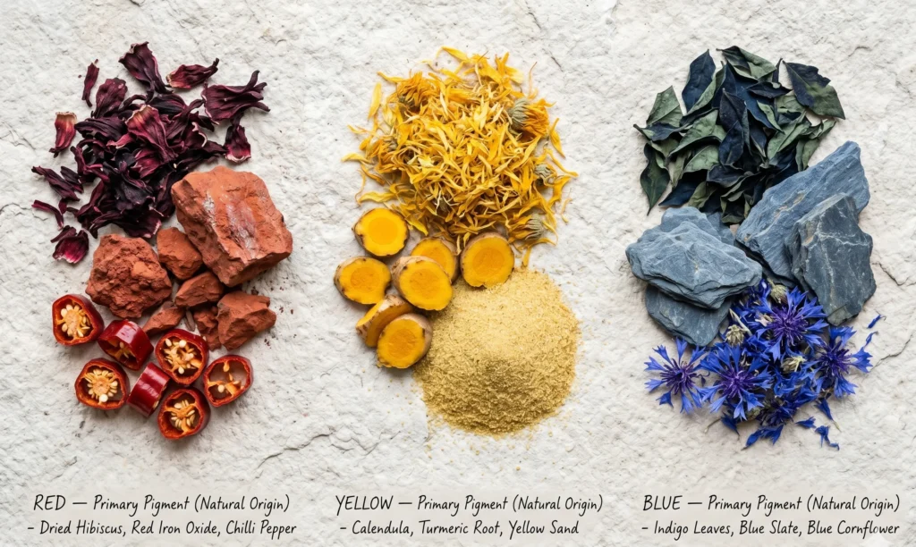 atural objects representing the three primary colours — red hibiscus and iron oxide, yellow calendula and turmeric, blue indigo and cornflower — illustrating primary colour theory through natural pigment sources