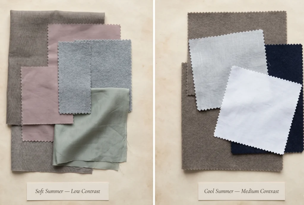 Fabric layering comparison showing Soft Summer's low-contrast blended tonal range (left) versus Cool Summer's slightly higher contrast with more visible depth variation (right) — illustrating seasonal colour contrast levels"