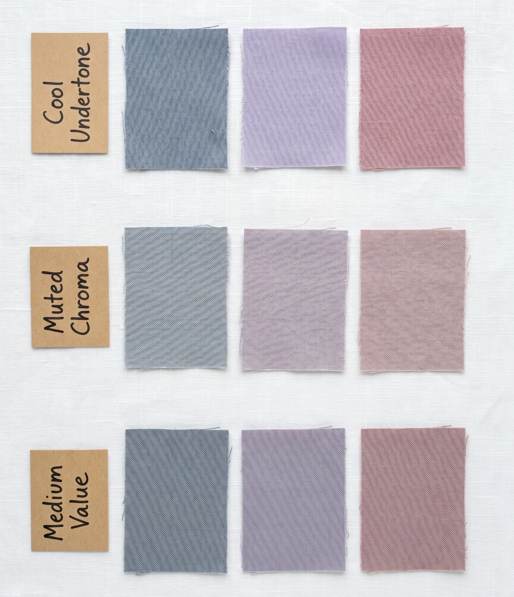 "Three fabric swatch rows illustrating the three Soft Summer colour dimensions — cool undertone, muted chroma, and medium value — for 16-season colour analysis self-testing"