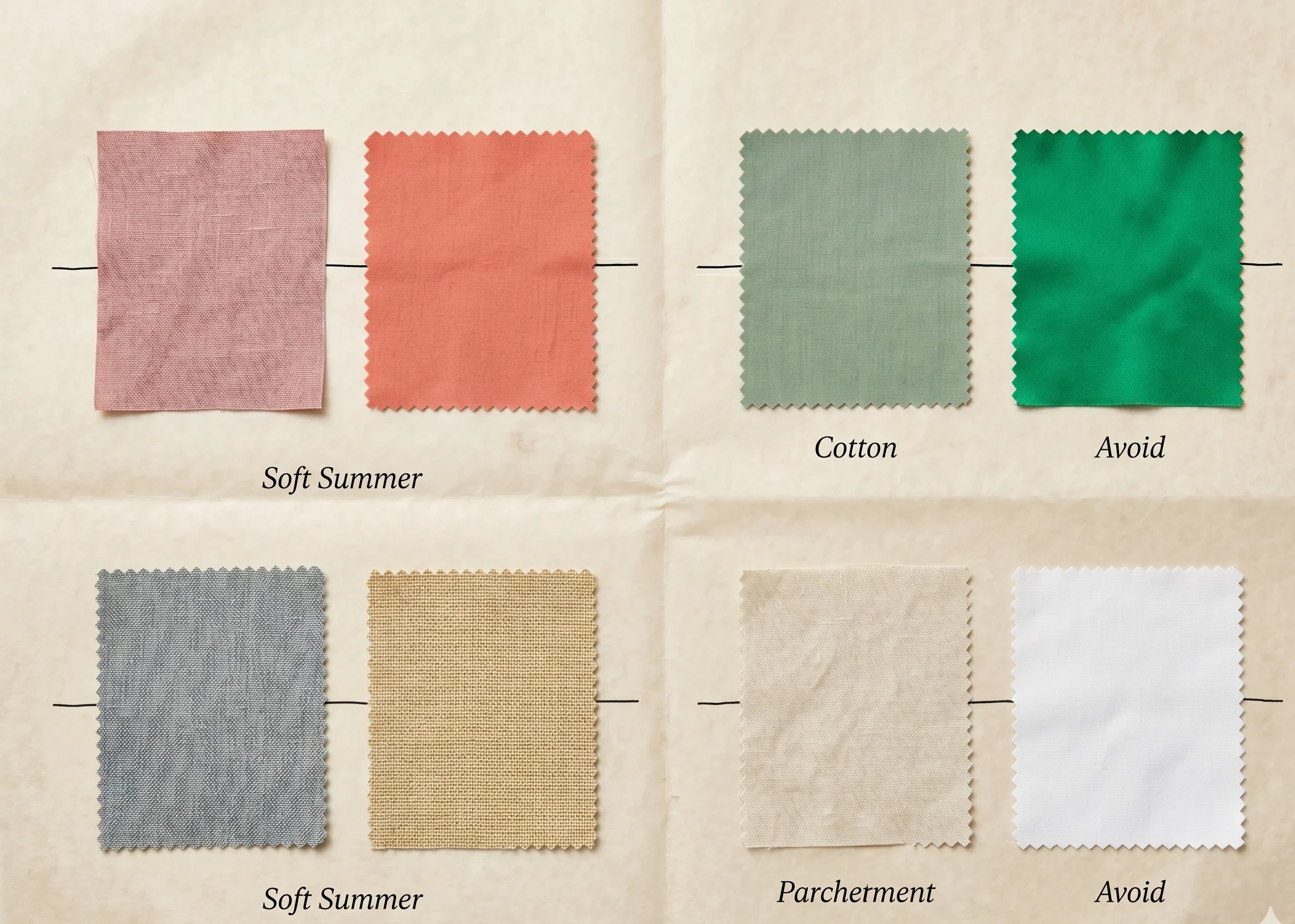"Soft Summer home drape test — four fabric swatch pairs comparing Soft Summer palette colours against their incorrect warm, vivid, or high-contrast counterparts for seasonal colour self-analysis"