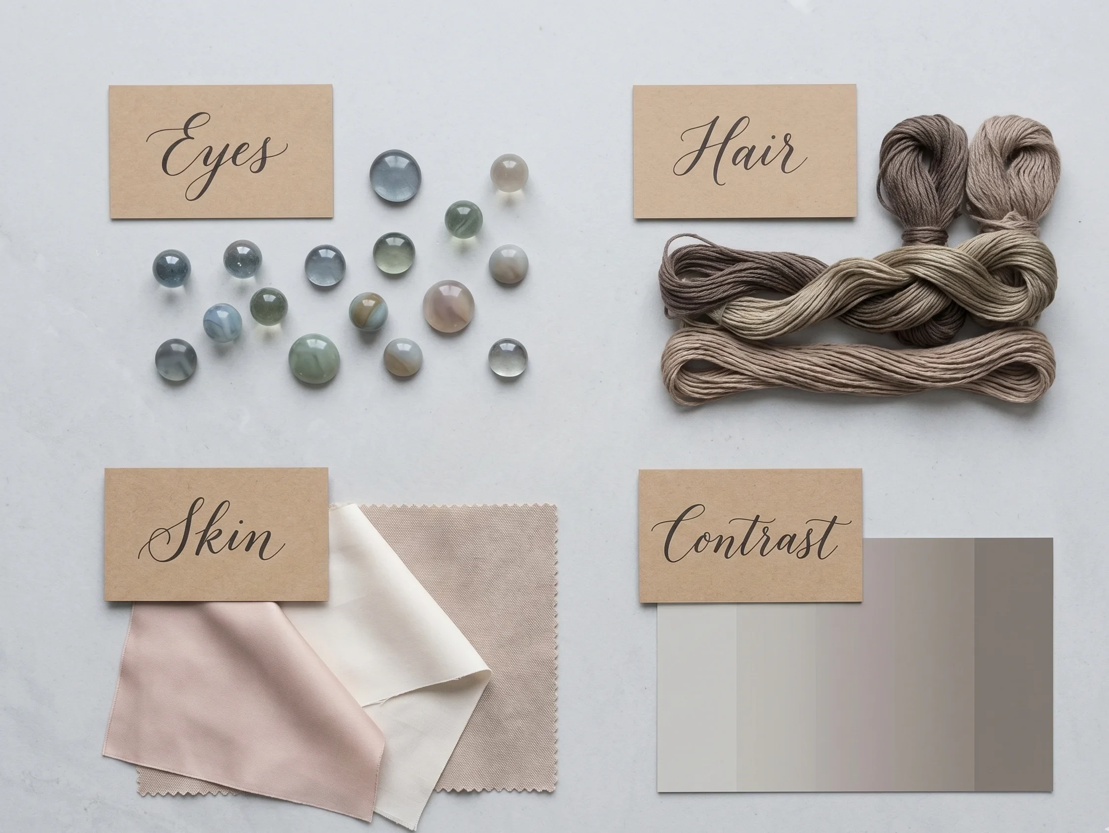 Soft Summer physical characteristics illustrated through objects — grey-blue gems representing eye colour, ash-toned yarns for hair colour, and cool-toned fabric swatches for skin tone in 16-season colour analysis"