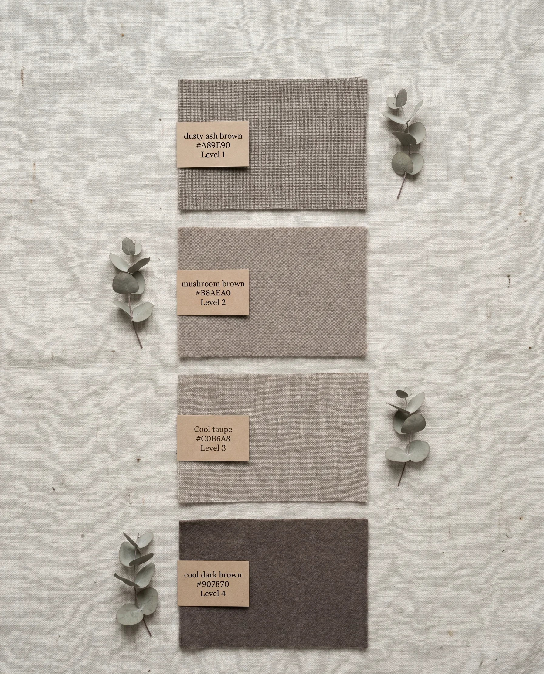 Four fabric and wool texture samples showing Soft Summer brown hair shades — ash brown, mushroom brown, cool taupe brown, and dark cool brown — all ashy and cool-toned without golden warmth, illustrating soft summer hair color ideas