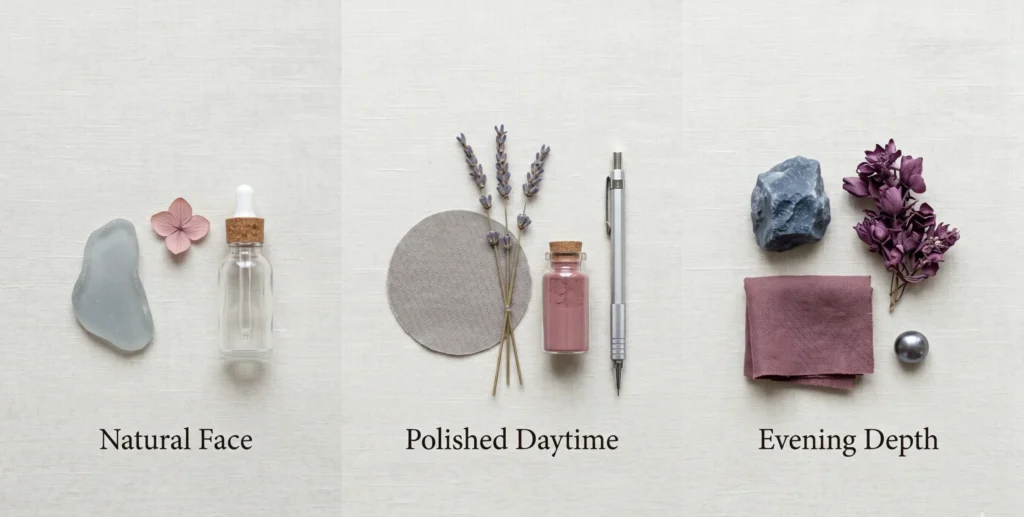 Three Soft Summer makeup look arrangements shown as minimal editorial flat-lays — natural face (sparse sea glass and pale petal), polished daytime (grey taupe swatch, lavender, silver), and evening depth (slate stone, plum botanicals, deep berry fabric) — soft summer makeup looks guide