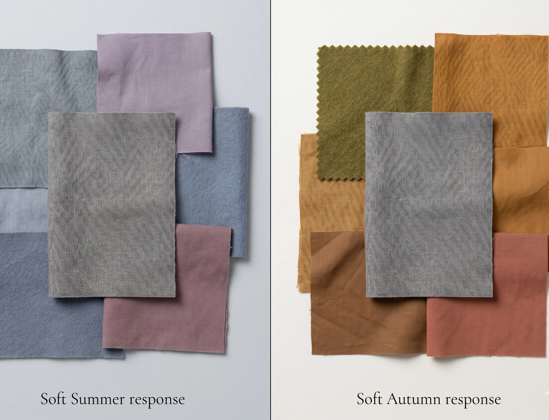 The grey test for Soft Summer vs Soft Autumn colour analysis — medium grey fabric showing resonance with cool blue-grey tones versus dissonance with warm earthy autumn tones
