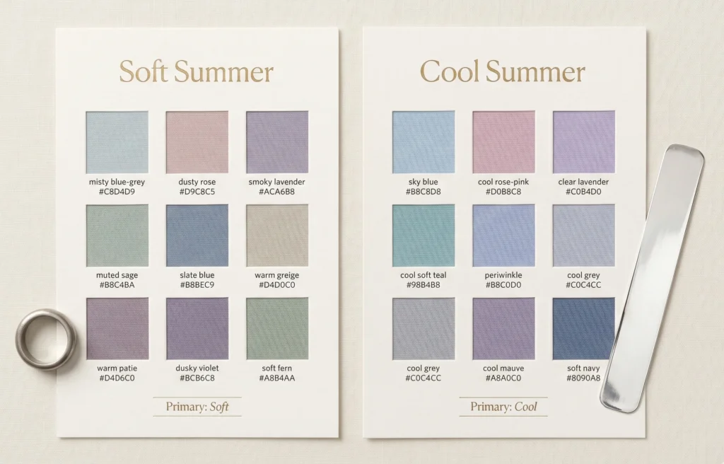 Side-by-side Soft Summer and Cool Summer palette reference cards showing the visual difference between greyed-muted Soft Summer colours and the clearer, more blue-based Cool Summer palette — for seasonal colour analysis identification