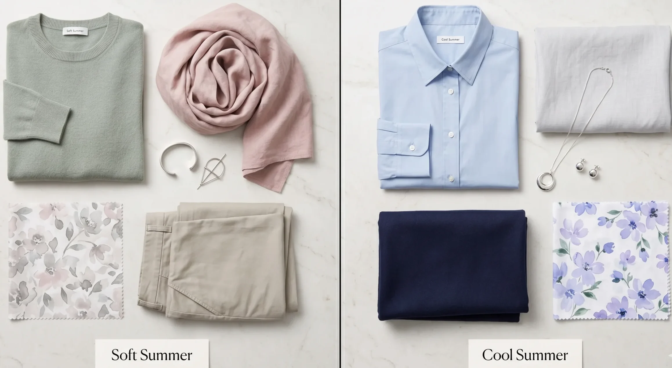 Split wardrobe flat-lay showing Soft Summer styling (muted sage, dusty rose, brushed silver) versus Cool Summer styling (sky blue, cool grey-white, polished silver) — side-by-side seasonal colour wardrobe comparison"