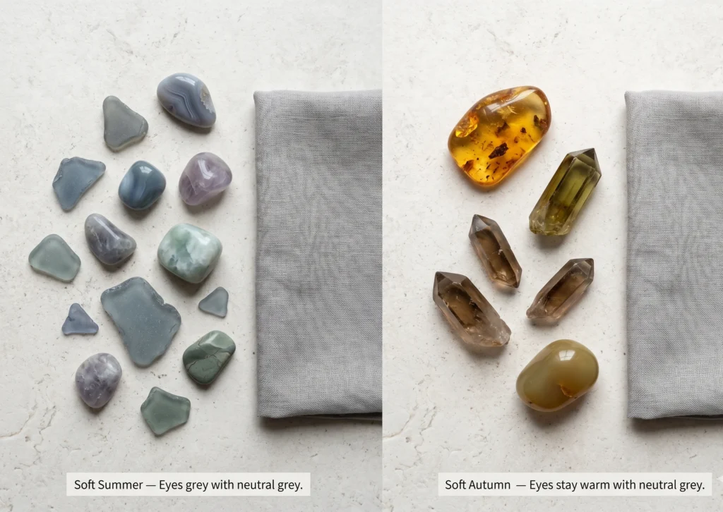 Two collections of gems and glass illustrating eye quality — Soft Summer eye tones (grey sea glass, grey-green stones that grey out) versus Soft Autumn eye tones (amber, hazel tourmaline, warm brown that stay warm) — for colour analysis comparison
