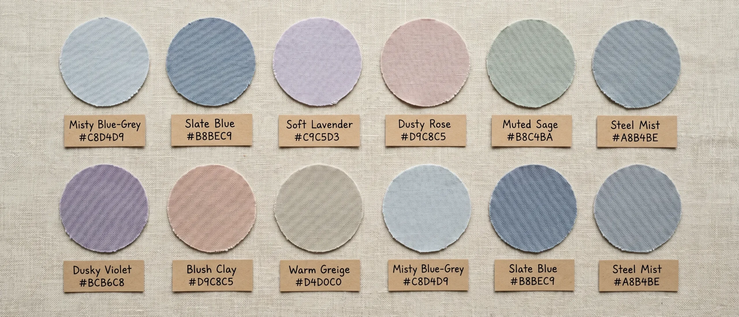The Soft Summer colour palette — 12 fabric swatches showing desaturated cool tones including grey-blue, soft lavender, and dusty rose, photographed during a 16-season colour analysis session by Helen Alex
