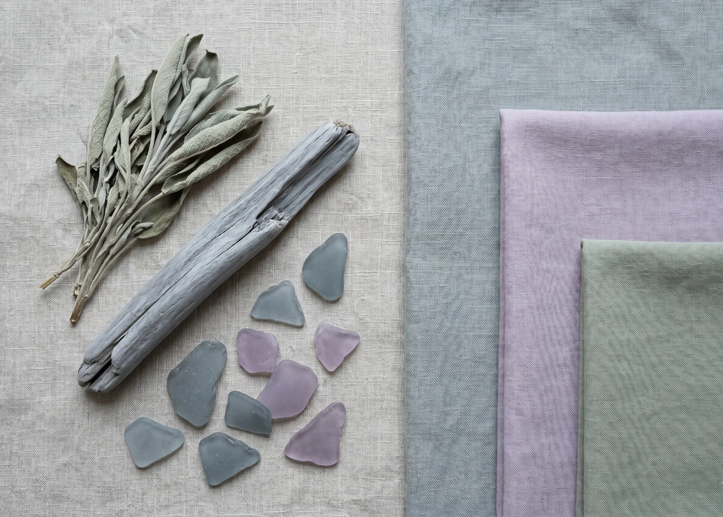Natural objects echoing the Soft Summer colour palette — sea glass, dried sage, and weathered driftwood in muted cool grey-blue and dusty lavender tones, paired with matching Soft Summer fabric swatches