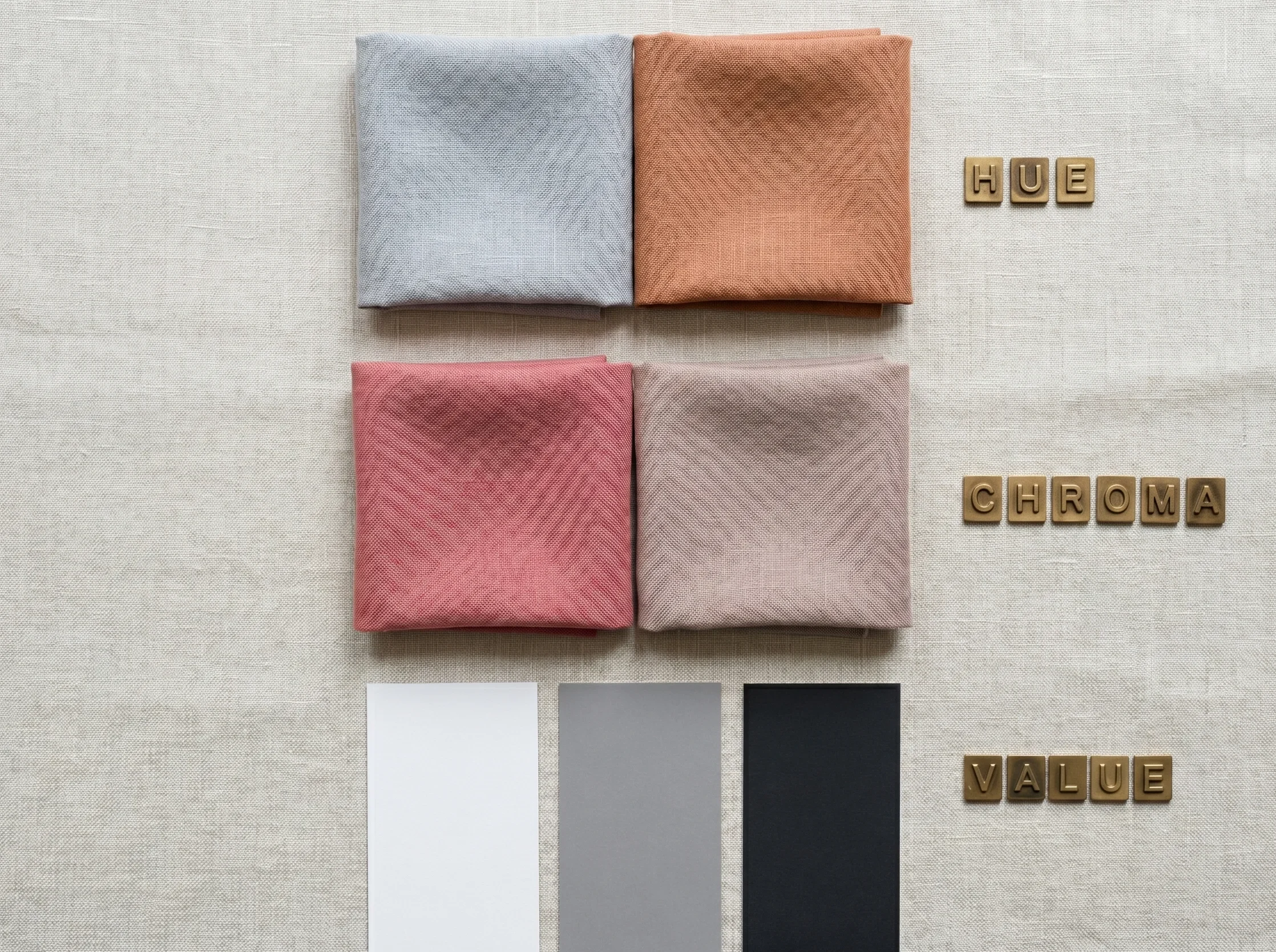 "Three fabric and paper groupings demonstrating the three building blocks of colour — hue contrast (cool blue vs warm terracotta), chroma contrast (vivid vs muted rose), and value contrast (white to black) — for colour theory education"