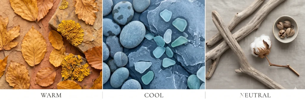 "Three side-by-side nature scenes illustrating warm hue (amber leaves, terracotta), cool hue (grey-blue pebbles, frost on slate), and neutral hue (driftwood, dried cotton) — showing colour temperature in the natural world